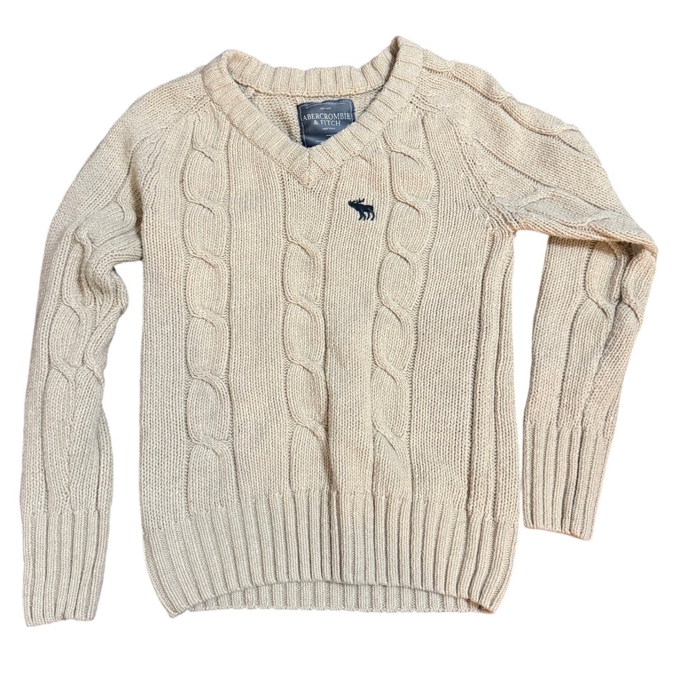 Abercrombie‎ & Fitch Mens Cashmere Blend Cable Knit V-Neck Sweater Cream Sz M